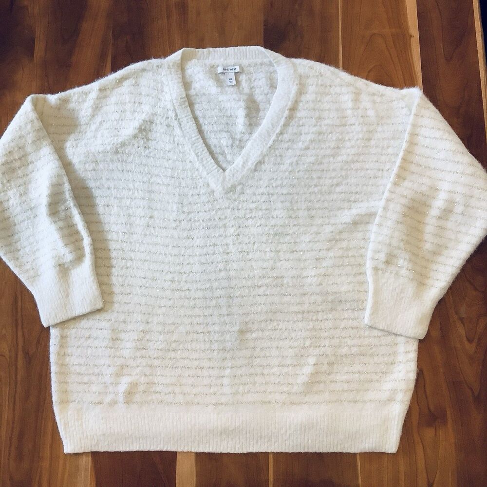 Nine West V-neck White Gold Stripe Pullover Sweater Women XXL Fuzzy Knit Cozy